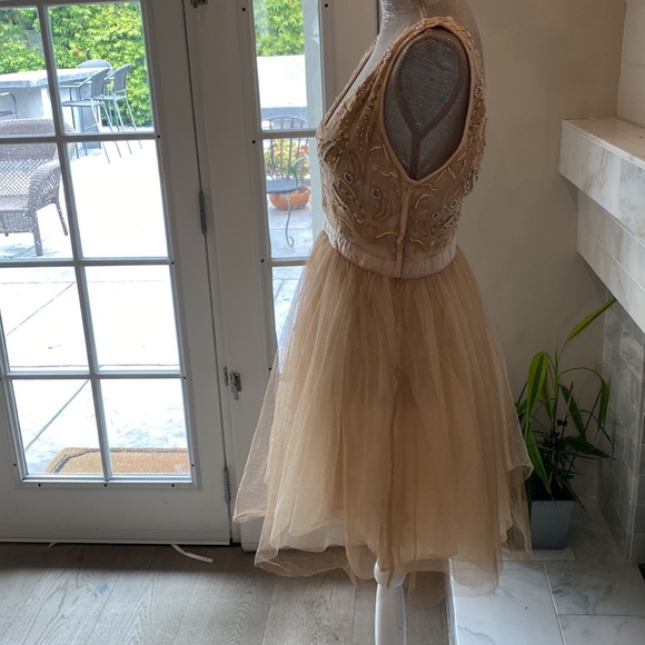 Free People Deja Vu Beaded Embroidered Rose Gold Tulle Mini Dress Size 10 - Picture 9 of 16